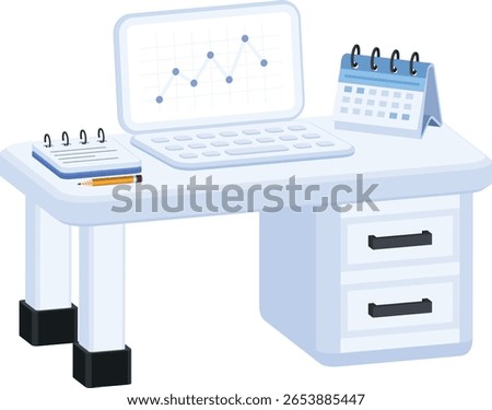  complete workspace, featuring a laptop displaying a growth chart, a desk calendar, and a notebook. This versatile icon is ideal for representing concepts related to productivity, business, remote wor