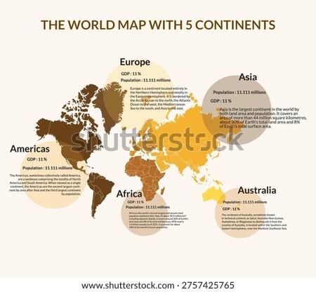 Complete World Map Infographic with Five Continents with Geographic Icons