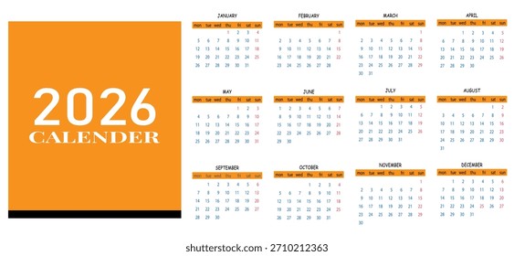 Planejador de Calendário de Ano 2026 Completo com Design Limpo e Simples