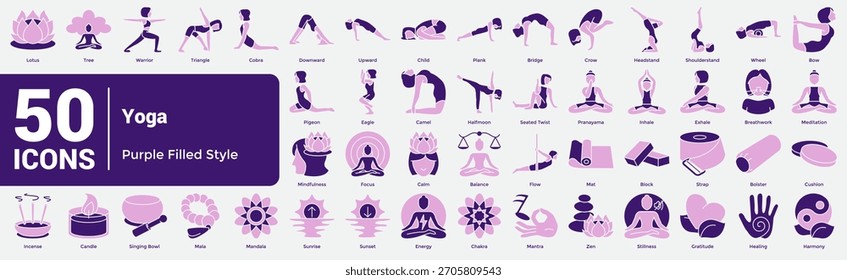 El Paquete completo de Colección de yoga combina 50 íconos premium para diseños enfocados en el yoga, el bienestar y la atención plena. Estilo de doble tono.