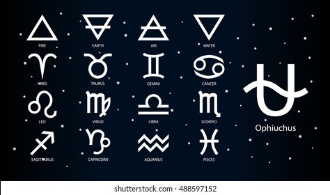 Complete zodiac set for horoscopes on black background including new zodiac symbol - Ophichius. Traditional astrology symbols 