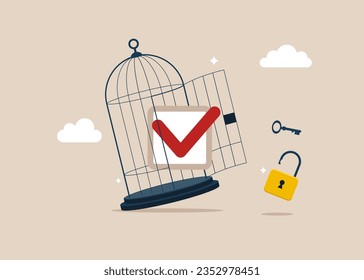 Completed checkbox with key free himself from cage. Agreement to deliver, leadership skill. Vector illustration