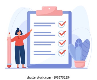 Completed checklist of cartoon woman flat vector illustration. Businesswoman holding pencil, standing next to clipboard, taking notes. List with tasks, achievement, business success, goals concept.