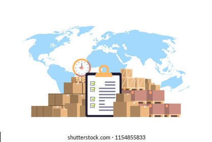 completed checklist clipboard parcel packages paper box blue world map background international delivery industrial concept flat horizontal vector illustration