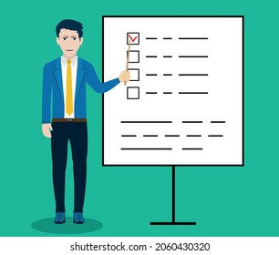 Completed checklist, finished project tasks or completed work completed, concept of process plan or project management, businessperson using pen to check project list checkbox marked as complete
