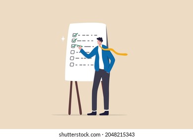 Completed checklist, finishing project tasks or work done conclusion, project management or process plan concept, smart businessman using pen to check on project list checkbox marked as completed.