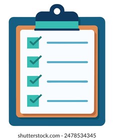 Completed checklist on a clipboard with four checked items. Vector illustration