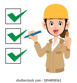 Completed checklist and upper body of a woman wearing a helmet and beige work clothes