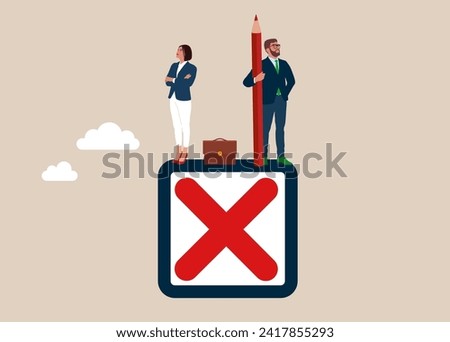 Completed cross checkbox. No business negotiation and agreement.  Rejection business investment. Flat vector illustration.