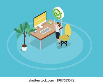 Completed isometric vector concept. Happy businesswoman with completed task checkmark