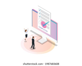Completed isometric vector concept. Happy business team looking at a list of completed online tasks