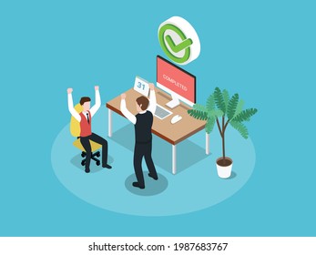 Completed isometric vector concept. Happy businessmen completed task with checkmark on desk in the office