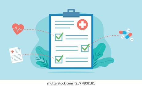 Completed medical checklist. Each marker has an icon. There are three icons, heart, pills, medical document. Vector graphics in flat style.