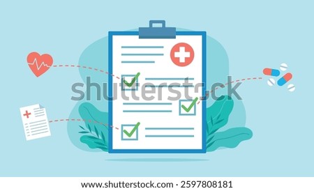 Completed medical checklist. Each marker has an icon. There are three icons, heart, pills, medical document. Vector graphics in flat style.