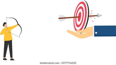 Completed multiple tasks with single action, business advantage or efficiency to success and achieve many targets with small effort, smart businessman archery hit  bullseye with single arrow.

