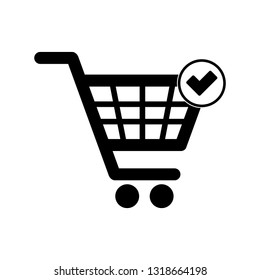 Completed order icon. Shopping Cart with Check Mark.  Supermarket cart symbol. Online shop icon. Vector icon for apps and websites.