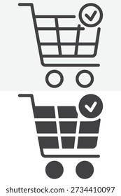 Ícone do carrinho de compras de ordem concluída definido em estilo diferente com marca de seleção. Linha de contorno e ícone sólido sinal vetorial e símbolo, traço editável. Ícone de sucesso de pedido para comércio eletrônico.