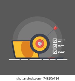 Completed plan, implementation goals vector, task management concept, laptop target with arrow and checkboxes isolated on gray background