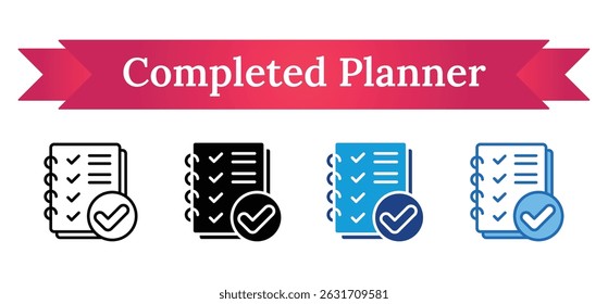 Planejador Concluído - Contorno, Silhueta de Glifos, Tom Duplo, Ícone de Preenchimento Azul - bloco de anotações de lista de verificação com uma marca de seleção grande, simbolizando o planejamento concluído e a execução da tarefa