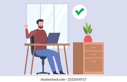 Abgeschlossenes Projekt von Business-Profi feiert Aufgabenstellung im modernen Büro. Grünes Häkchen symbolisiert Projekterfolg, Produktivität und Zielerreichung in einem ruhigen und effizienten Arbeitsplatz
