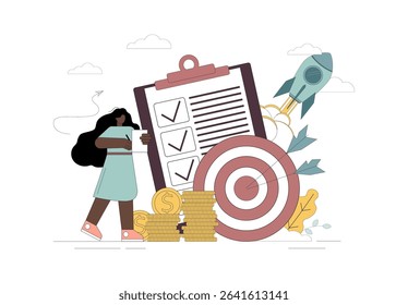 Completed project. Successful campaign. Execution of obligations. Achieving the goal. Movement towards prosperity. Checklist, woman, rocket