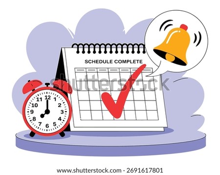 Completed schedule on a calendar is shown with a ringing alarm clock representing effective time management and successful task completion indicating deadlines met and goals achieved through planning