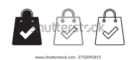 Completed Shopping Symbol: Icon collection of shopping bags each bearing a check mark symbol to represent a completed transaction.