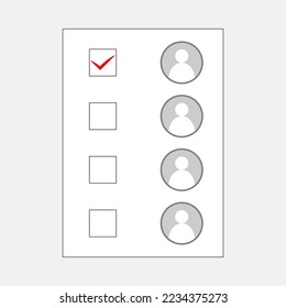 Completed standard ballot paper. Selection marked with red tick in one cell. Form of ballot for voting with voting results. Four depersonalized avatars of candidates on right. Cells to select on left.