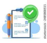 Completed task concept with check mark, all tasks have been completed, checklist work check, questionnaire or project evaluation, elements and modern for app or web. flat design vector illustration.