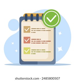 Completed task concept with check mark, all tasks have been completed, checklist work check, questionnaire or project evaluation, elements and modern for app or web. flat design vector illustration.