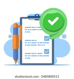 Completed task concept with check mark, all tasks have been completed, checklist work check, questionnaire or project evaluation, elements and modern for app or web. flat design vector illustration.