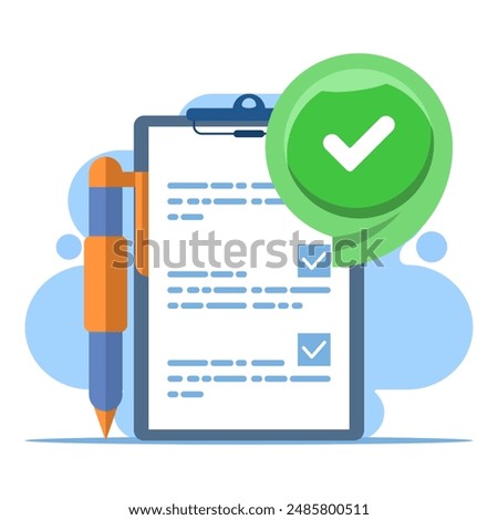 Completed task concept with check mark, all tasks have been completed, checklist work check, questionnaire or project evaluation, elements and modern for app or web. flat design vector illustration.