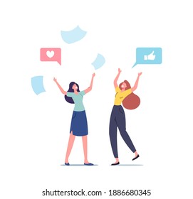 Completed Task Concept. Happy Female Characters Completed Task and Triumphing with Raised Hands and Scattered Papers on Workplace. Successful Well Done Work. Cartoon People Vector Illustration