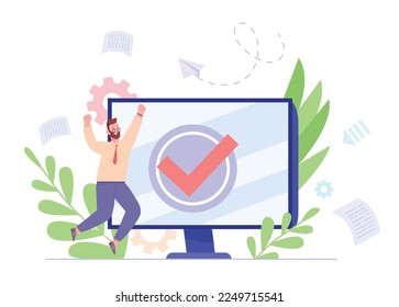 Completed task concept. Happy man joy at done work tasks on computer workplace, effective office employee celebration check success job progress quality worker vector illustration