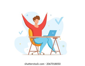 Completed task concept with happy men in her workplace and raising hands in success. Businessmen in joy finished work or completed task. Vector illustration in cartoon flat style