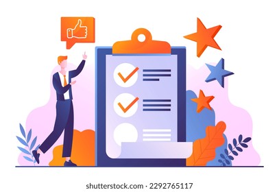 Completed task concept. Manager, employee or successful businessman achieves goals. Motivation and leadership. Time management and efficient workflow organization. Cartoon flat vector illustration