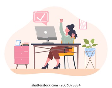 Completed task concept. Woman sitting at a desk in the office and is happy about the completion of the project. Businesswoman at her workplace. Cartoon flat vector illustration on a white background