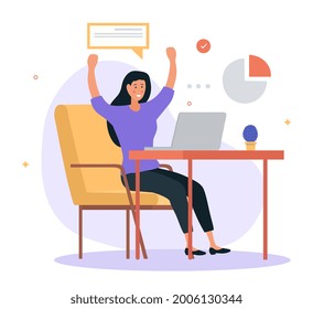 Completed task concept. A woman is sitting at her laptop at her workplace and rejoices at the completion of work. Remote work. Cartoon flat vector illustration isolated on a white background