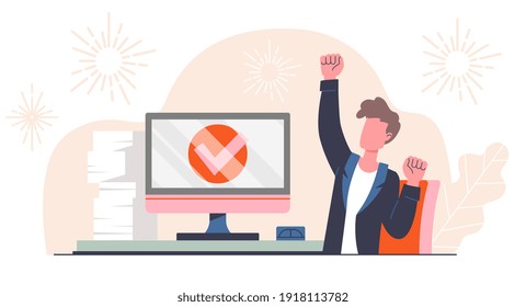 Completed task concept. Young male manager completed task and triumphing with raised hand. Successful well done work. Flat cartoon vector illustration