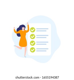 Completed Task, To Do List, Vector Icon With Woman And Checklist