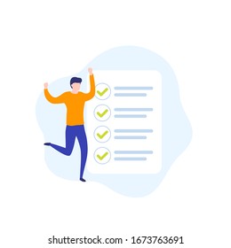 completed task, to do list, vector icon with man and checklist
