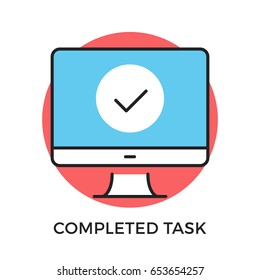 Completed task icon. Computer with checkmark on screen. Modern flat design thin line concepts and elements. Vector icon isolated on white background