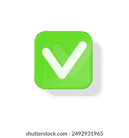 Completed task icon in the form of a white checkmark on a green glass background. Vector illustration.
