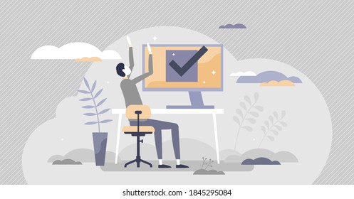 Completed task with submitted and approved pass tiny person concept. Check positive mark as successful selected confirmation vector illustration. Digital voting done or finished exam confirmation.