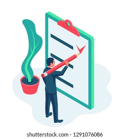 Completed task. Vector illustration isometric design. Isolated on background. Clipboard with goals and deadlines. Businessman holding a big pencil. Successful marked checklist.