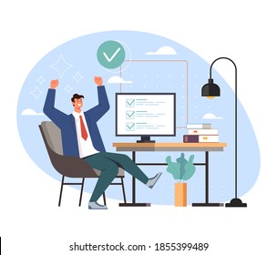 Completed task work done and happy man worker business secretary, vector flat cartoon graphic design illustration