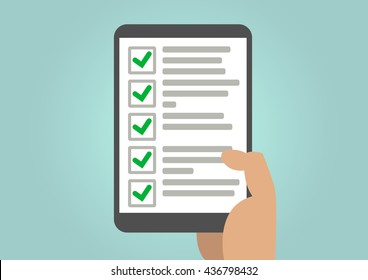Completed tasks on to-do list concept with checks displayed on tablet screen held by hand.