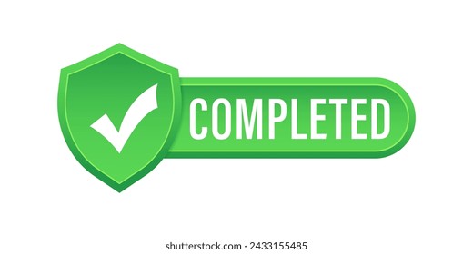 Completed tick, green rectangular flat badge isolated on white background. Checkmark stamp, sticker. Vector illustration svg
