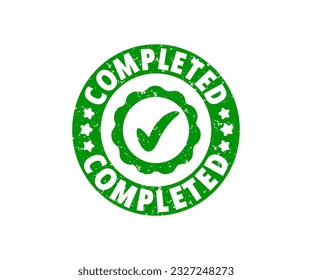 Completed tick stamp logo design. Round icon and seal on a white isolated background. Completed grunge stamp vector design and illustration.
