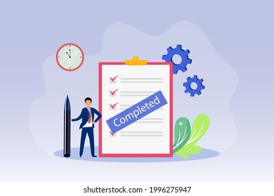 Completed vector concept. Businessman with completed tasks list on the clipboard